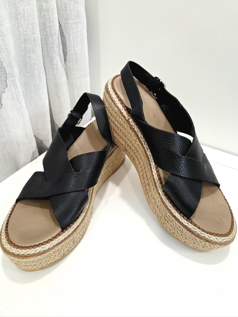 Browns Couture Black Leather Espadrille Wedge Sandals Made in Spain Size 39